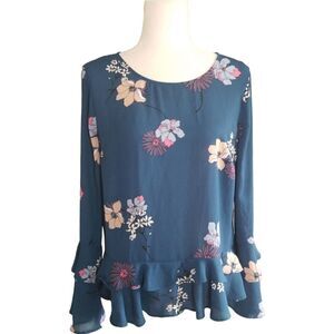 a n.a. Blouse Bell Sleeves Ruff Tier Hem and Sleeve Navy Pink Floral Size Medium